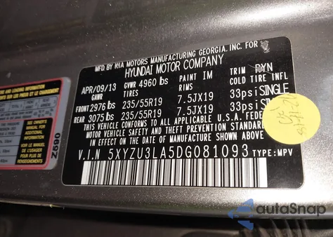 2013 Hyundai Santa Fe Sport 2.0T from USA, damaged, VIN 5XYZU3LA5DG081093